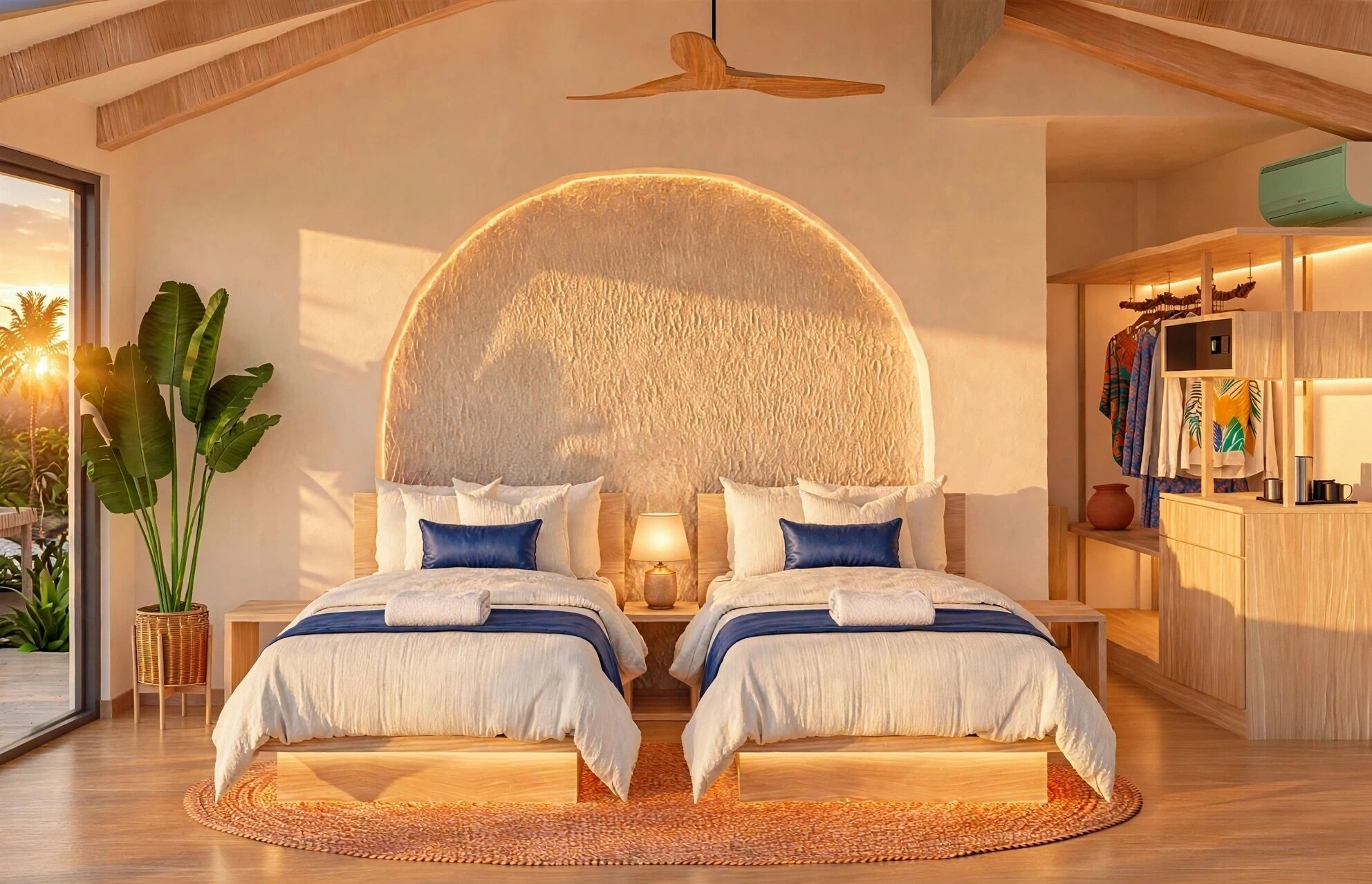Quarto com duas camas, um painel circular na parede, teto de madeira e vista para o exterior.