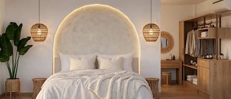 Un dormitorio con una cama grande, vigas de madera, un espejo redondo y un armario de madera.