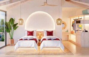 Une chambre moderne avec deux lits, une grande fenêtre et un coin cuisine.