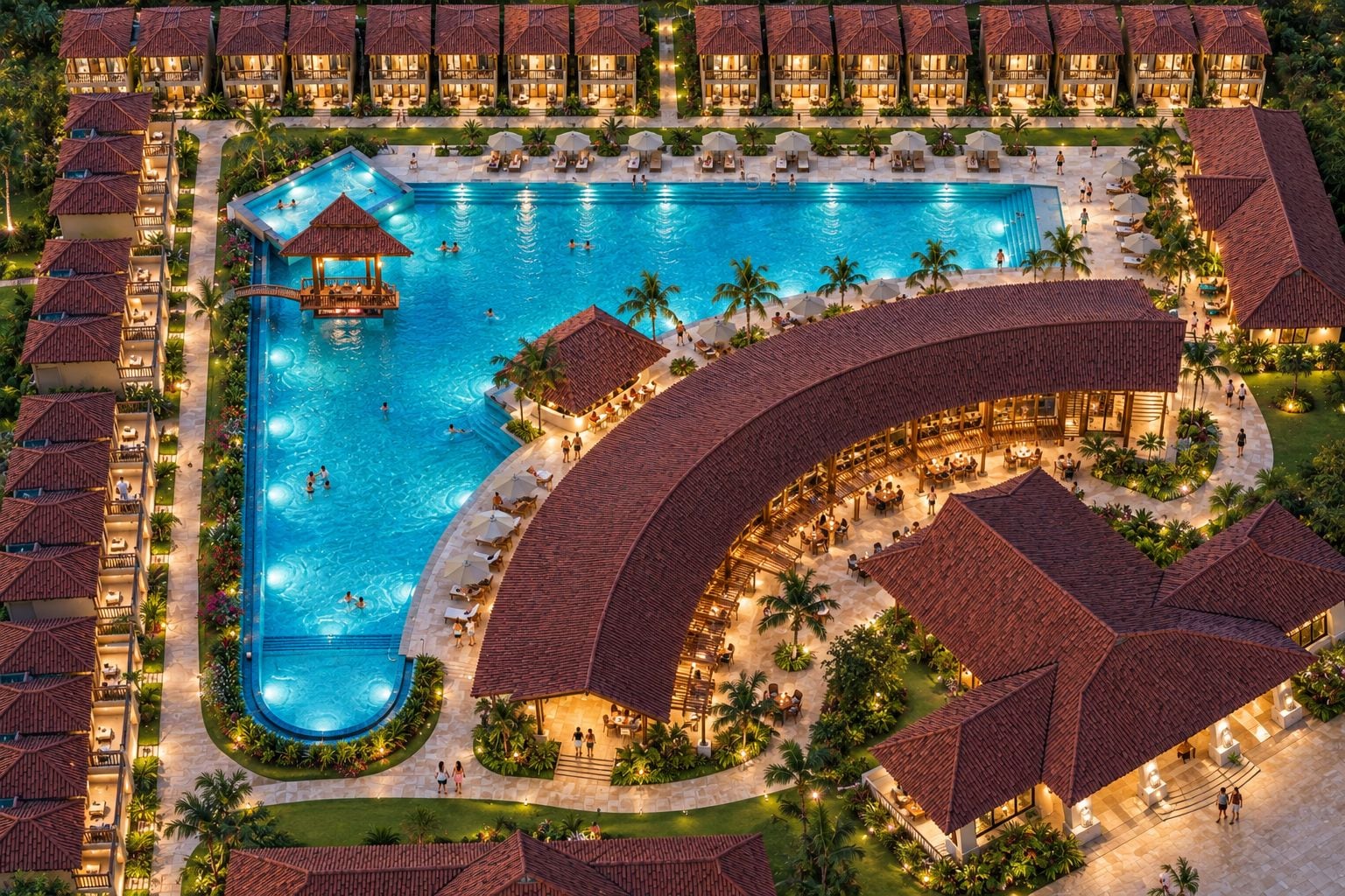 A resort with multiple swimming pools, a central circular pool, and a variety of outdoor seating areas.