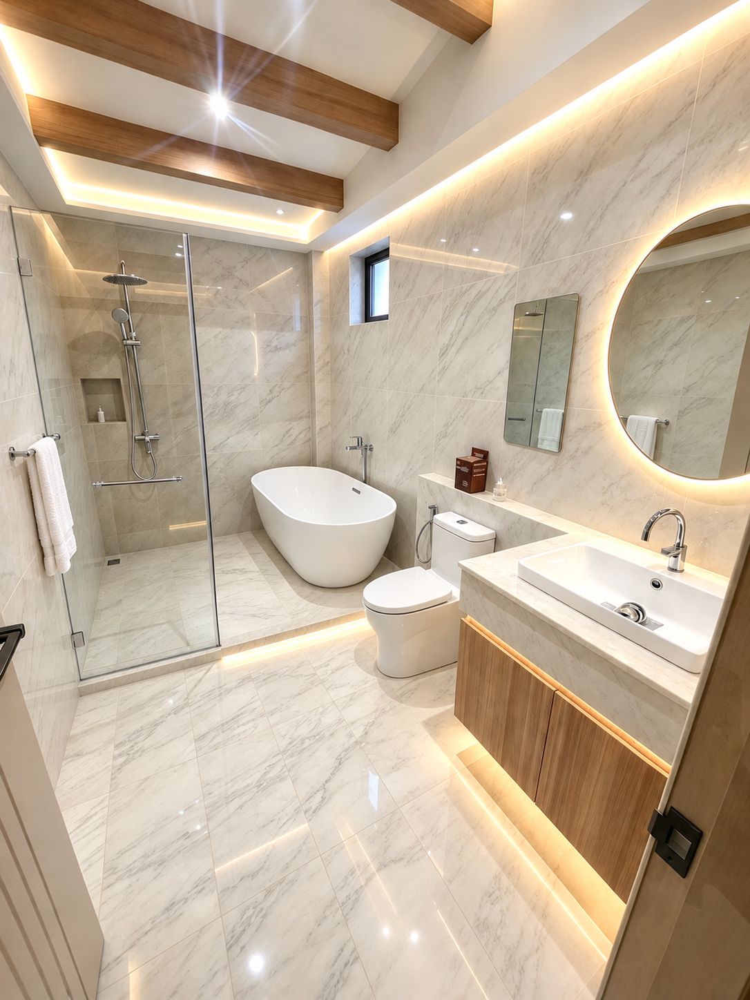 A modern bathroom with a glass-enclosed shower, a freestanding bathtub, and a vanity with a mirror.