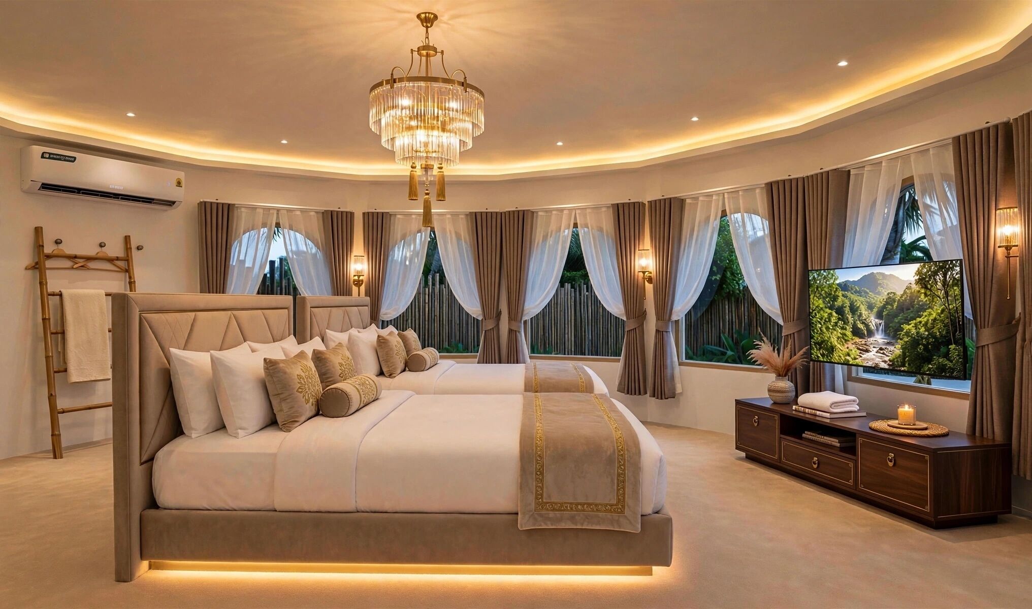 A spacious bedroom with a large bed, a television, and a view of a waterfall.