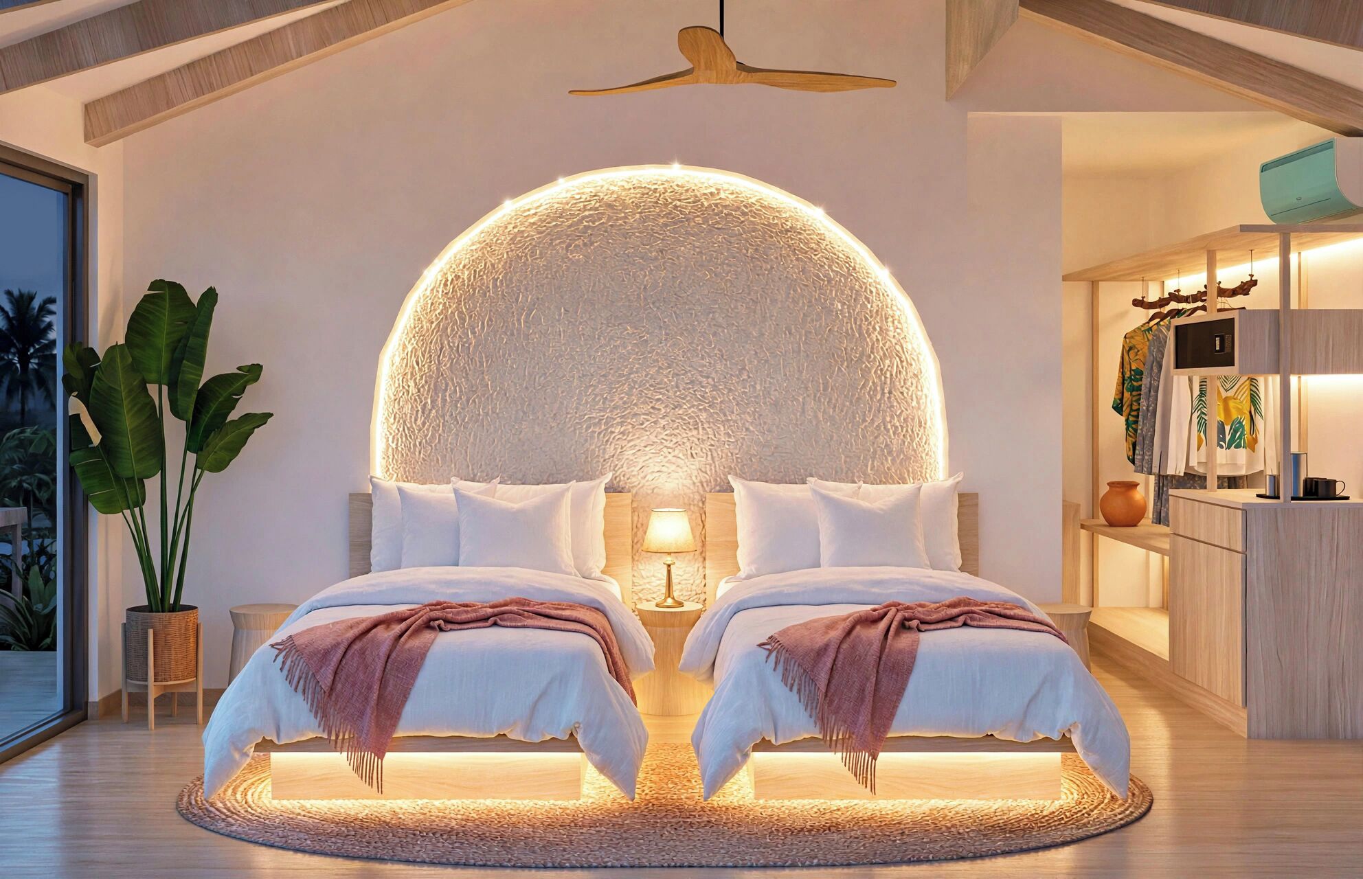 Een moderne slaapkamer met een opvallend plafondontwerp, twee bedden, een nachtkastje, een lamp en uitzicht op buiten.