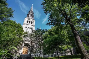 Een historische kerk met een opvallende klokkentoren, omringd door weelderige groene bomen.