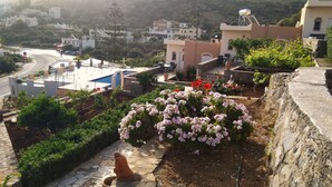 A residential area with a garden, a swimming pool, and a view of a hilly landscape.