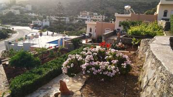 A residential area with a garden, a swimming pool, and a view of a hilly landscape.
