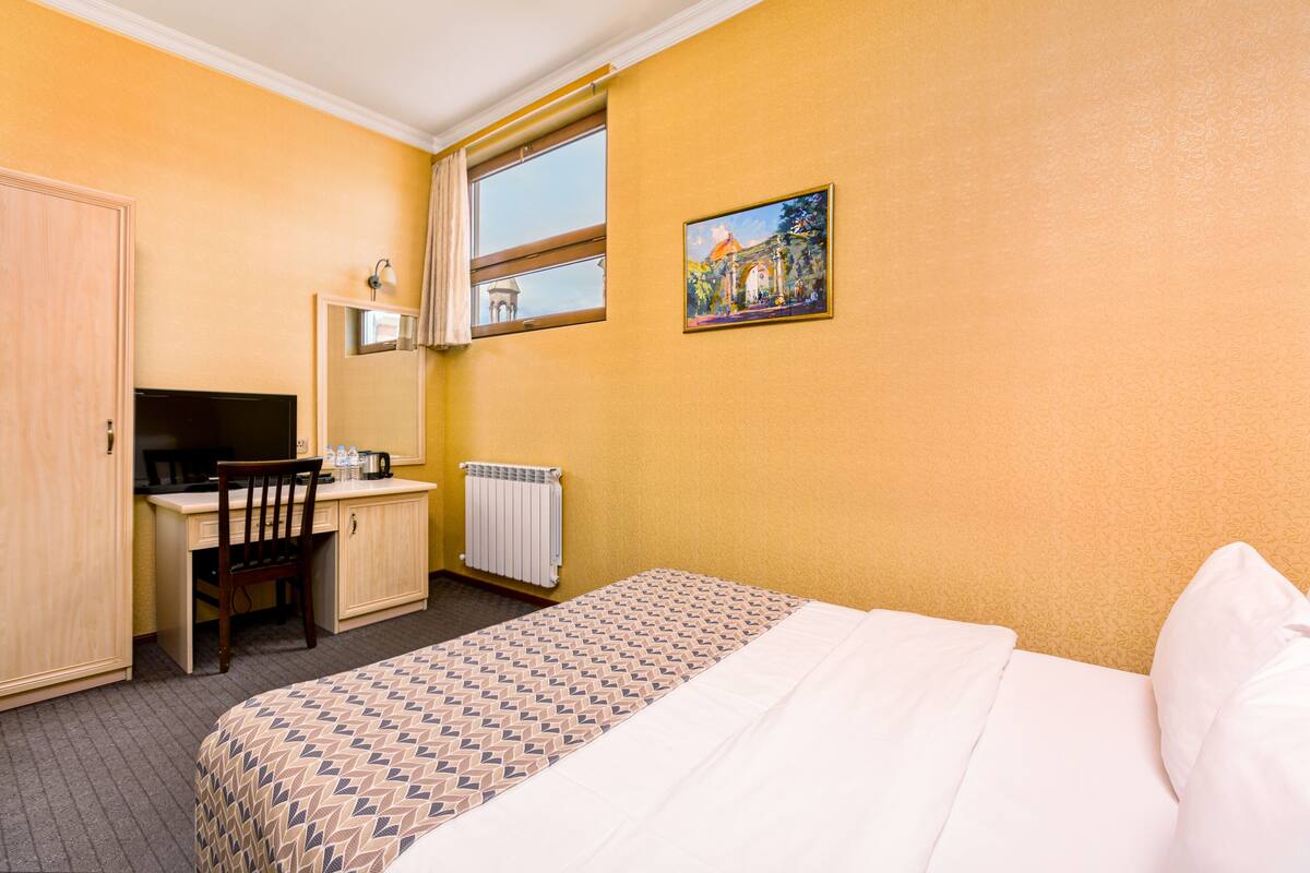 A hotel room with a bed, a desk, a chair, a television, and a window with a view of a building.