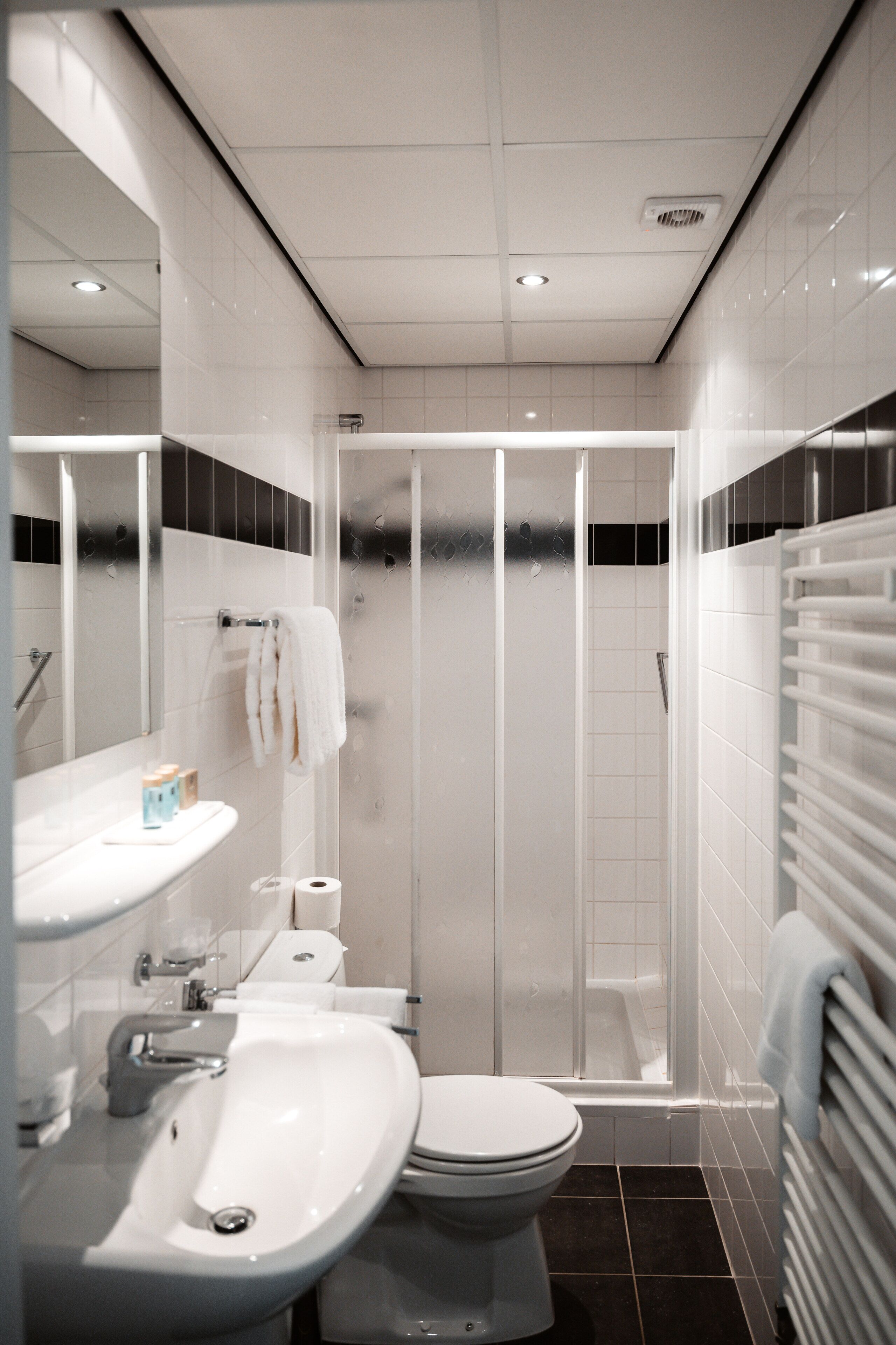 A modern bathroom with a shower, toilet, and sink.