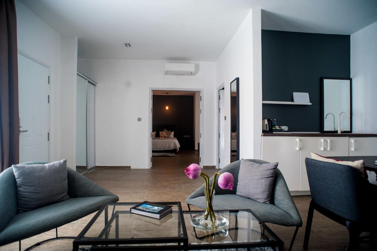 Un salón moderno con una mesa de centro de cristal, dos sillones grises, un jarrón con flores rosas y vistas al dormitorio a través de una puerta abierta.
