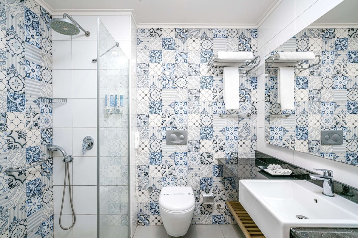 Shower, free toiletries, hair dryer, slippers