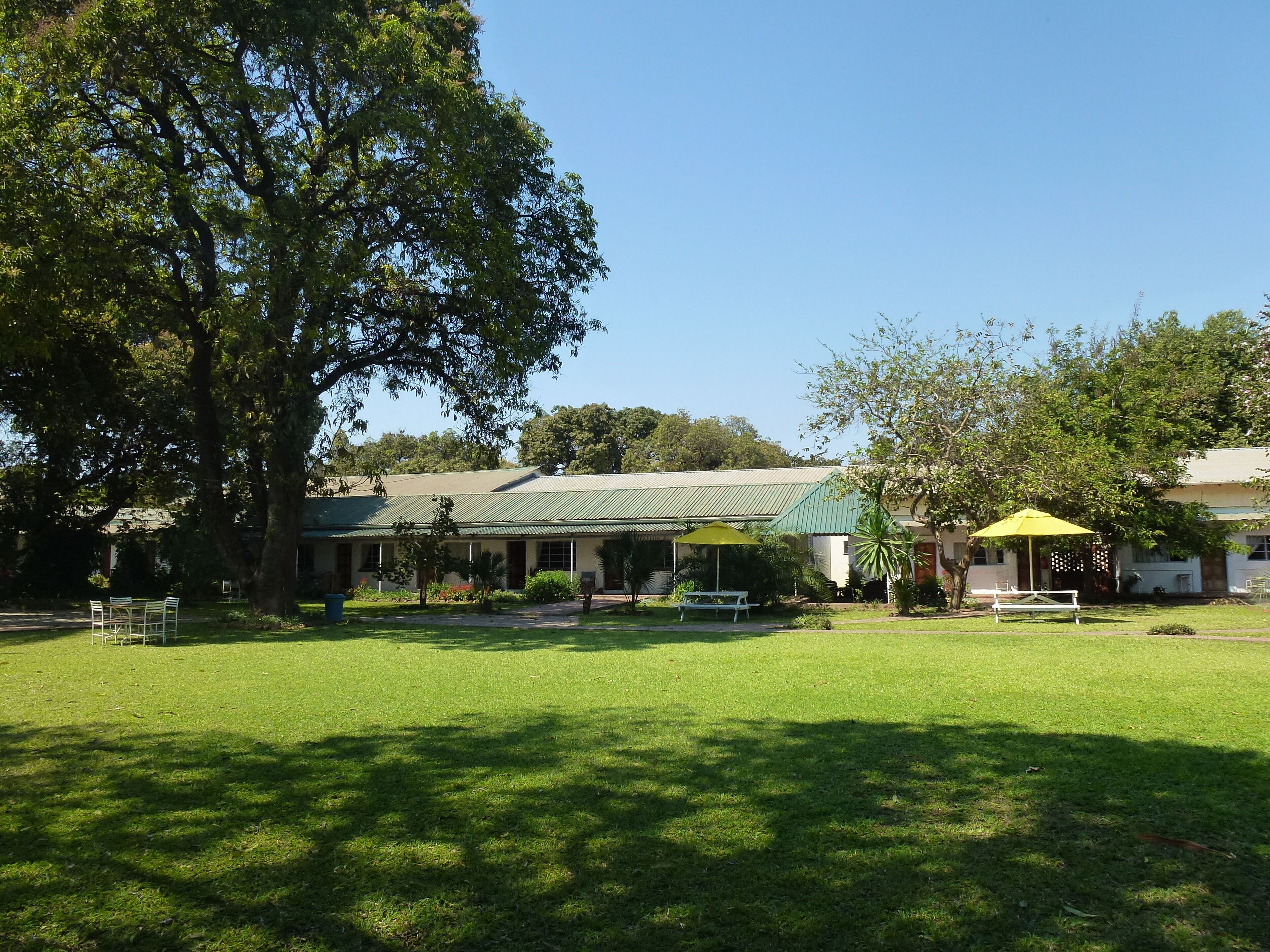 A building with a green roof, surrounded by a grassy lawn and trees. There are outdoor seating areas with tables and chairs.
