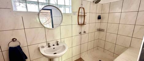 Un baño con lavamanos, espejo, ducha y paredes de azulejos.
