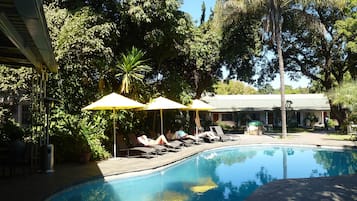 Outdoor pool, pool umbrellas, pool loungers