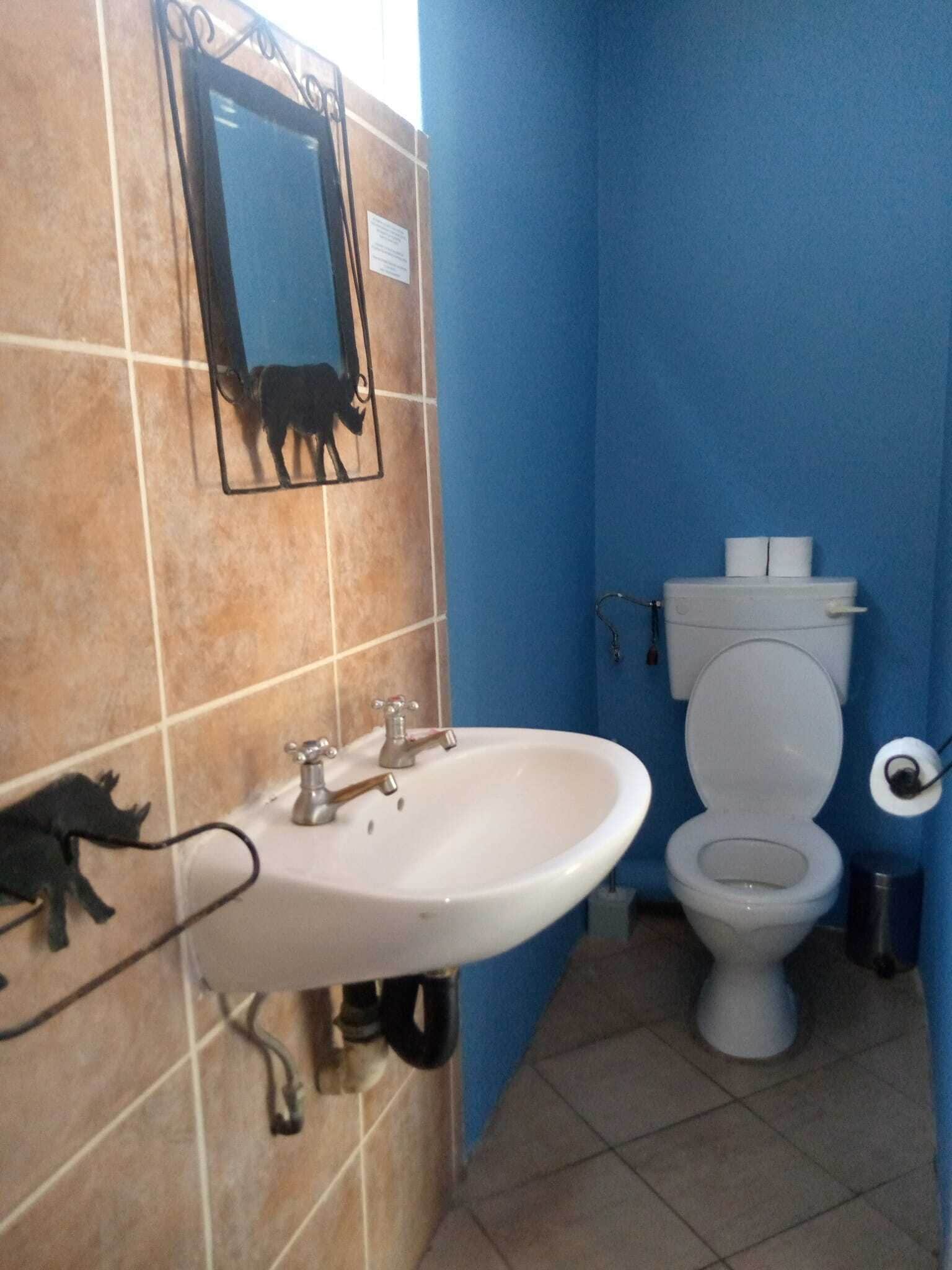 A bathroom with a sink, mirror, toilet, and blue walls.