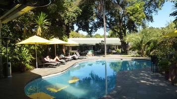 Outdoor pool, pool umbrellas, pool loungers