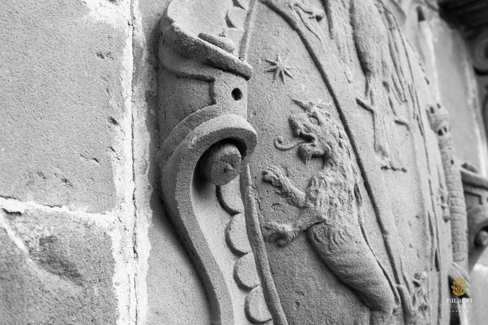 A close-up of a stone wall with intricate carvings, including a stylized animal and decorative motifs.