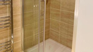 A glass-enclosed shower stall with a handheld showerhead and a wall-mounted towel rack. - Golden Star Hotel (London)