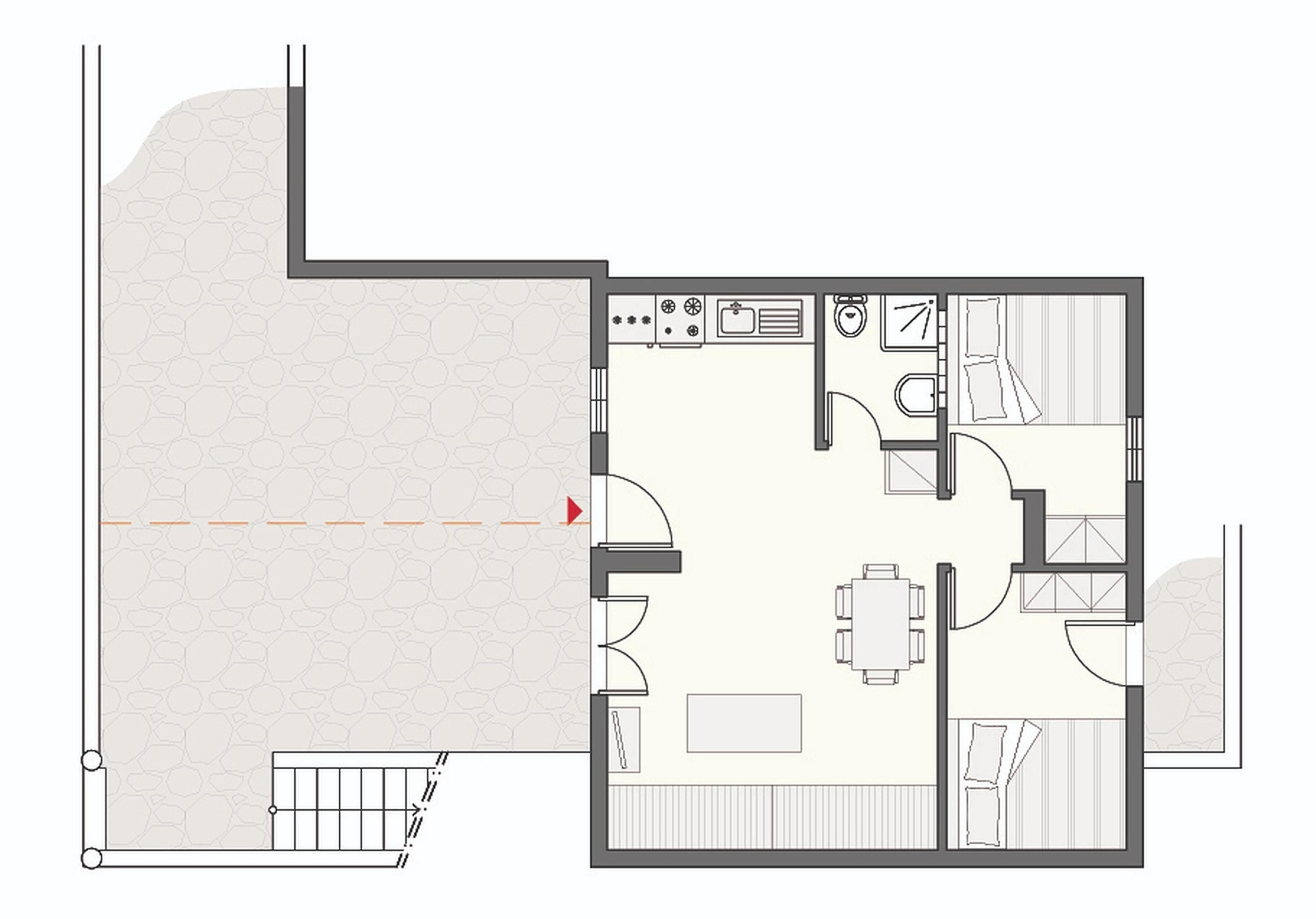 Plano de planta de una habitación de hotel con kitchenette, baño, zona de comedor y sala de estar.