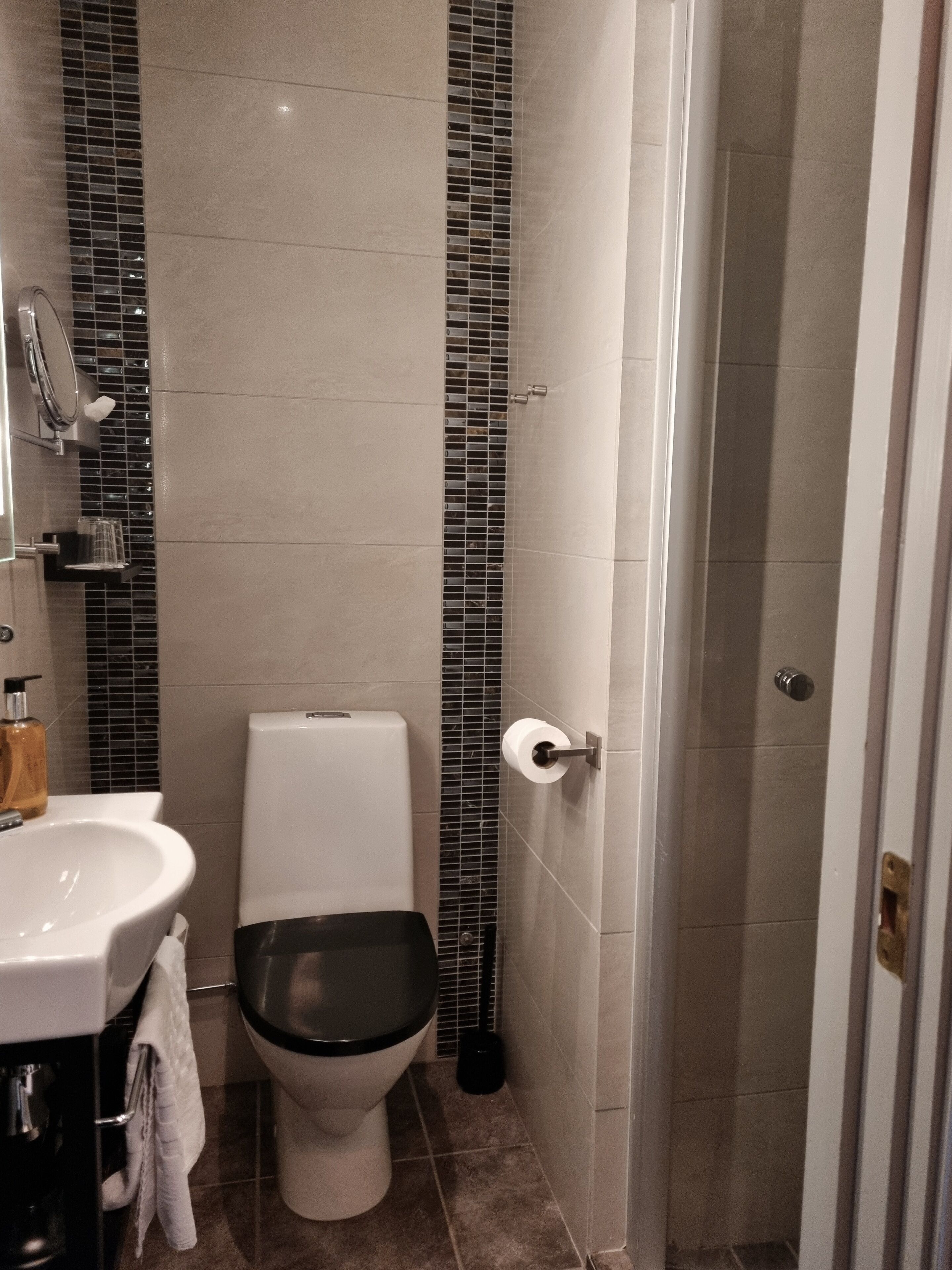 Un baño con inodoro, lavamanos y espejo.