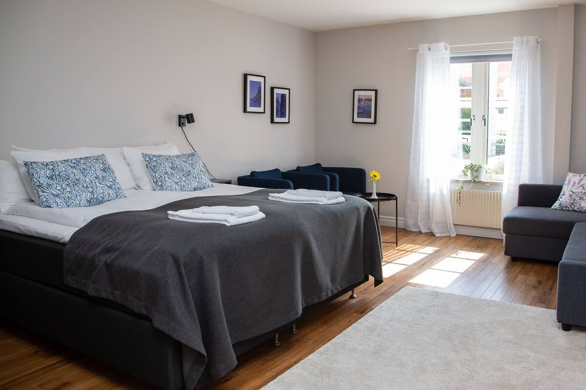 Ein modernes Schlafzimmer mit einem Bett, einer Couch und einem kleinen Tisch.