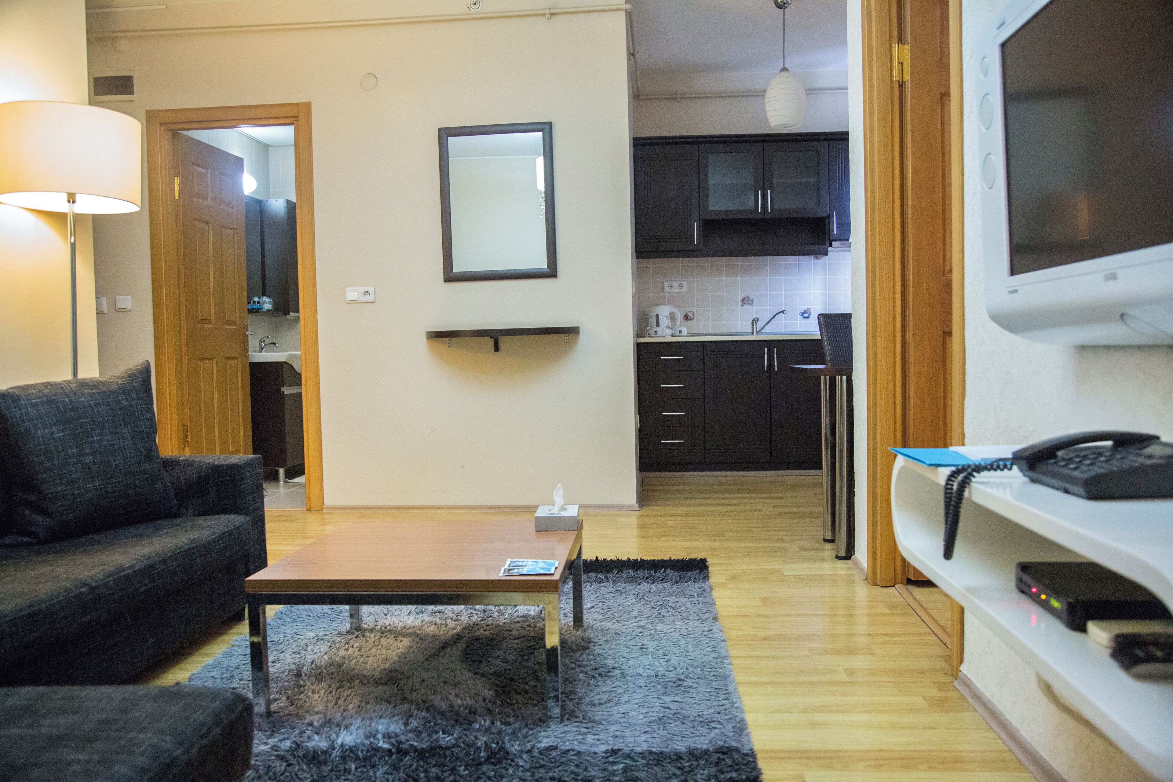 Una sala de estar con sofá, mesa de centro y alfombra. Se observa una cocina al fondo, con armarios y un fregadero.