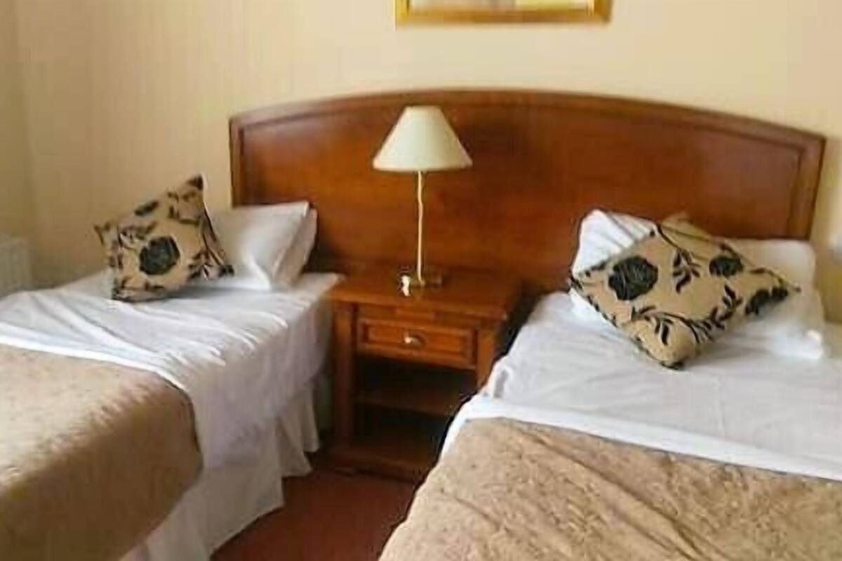 A hotel room with two single beds, each with a pillow and a bedside table with a lamp.