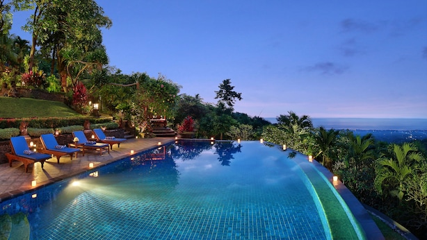 A serene infinity pool with a clear view of the ocean, surrounded by lush greenery and lounge chairs. - Villa Patria (Sukasada)