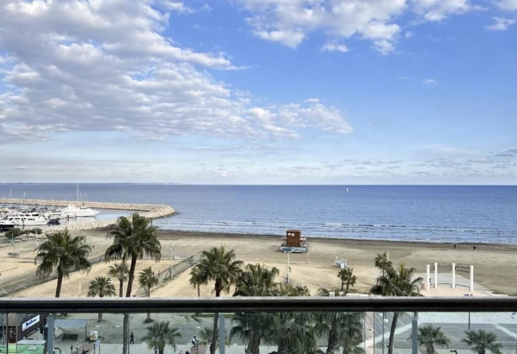 Vista de una playa desde un balcón, con palmeras, un muelle y una torre de salvavidas.
