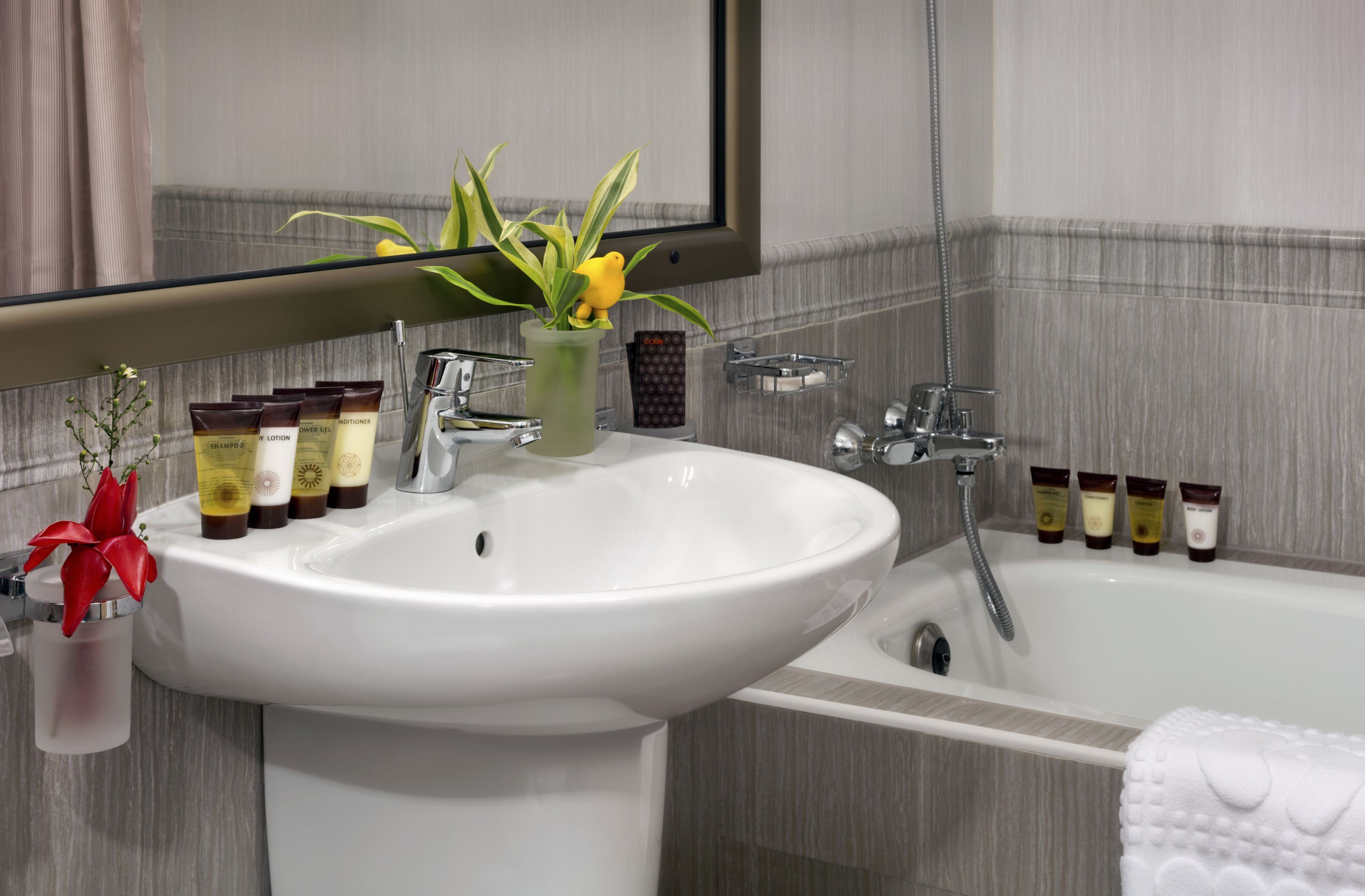 combined shower/bathtub, deep-soaking bathtub, free toiletries