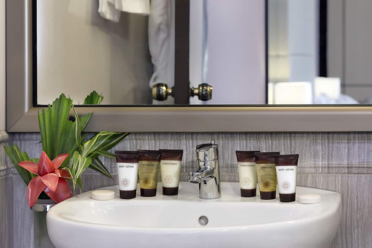 combined shower/bathtub, deep-soaking bathtub, free toiletries