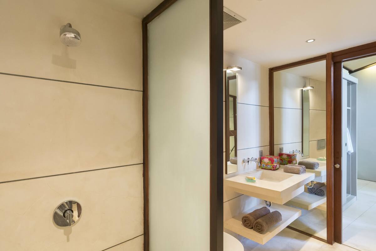 Combined shower/bathtub, free toiletries, hair dryer, towels