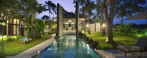 Outdoor pool, pool umbrellas, pool loungers