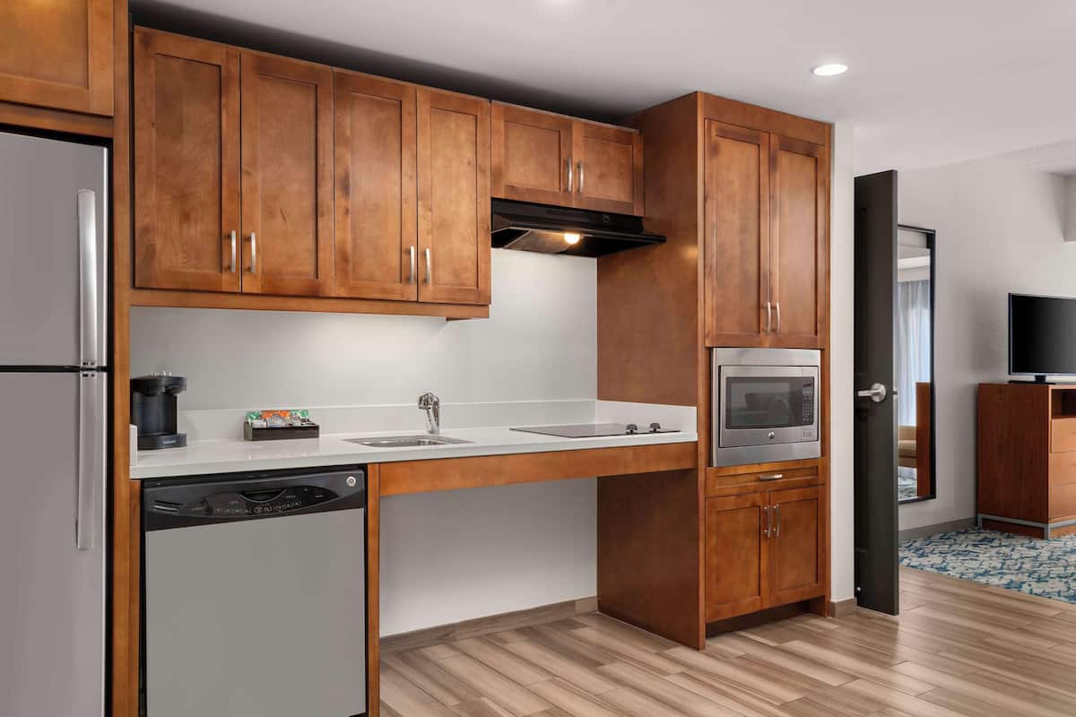 full-sized fridge, microwave, stovetop, dishwasher