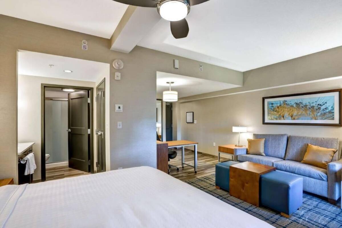 A hotel room with a bed, a desk, a sofa, a ceiling fan, and a painting on the wall.