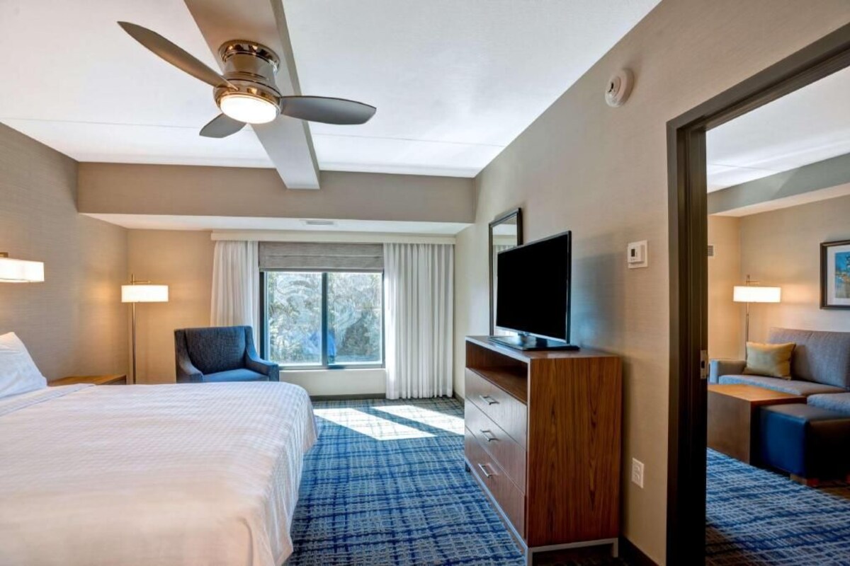 Habitación de hotel con una cama, un escritorio con televisor de pantalla plana, una silla, cómoda y vistas al exterior.