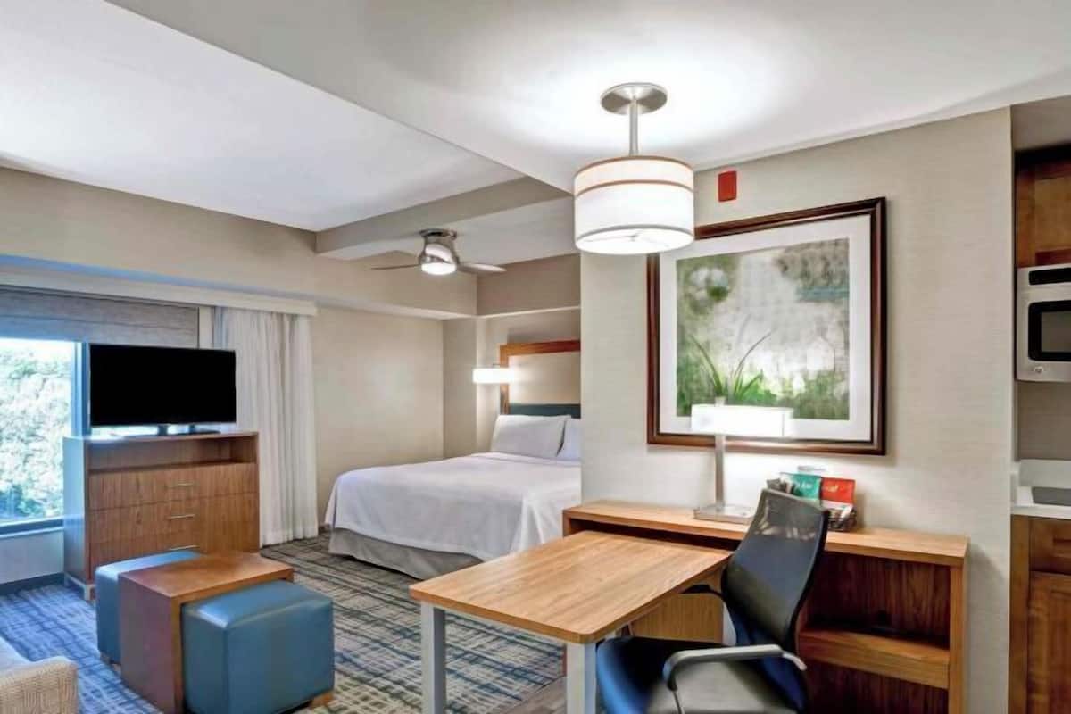 Hypo-allergenic bedding, desk, laptop workspace, blackout drapes