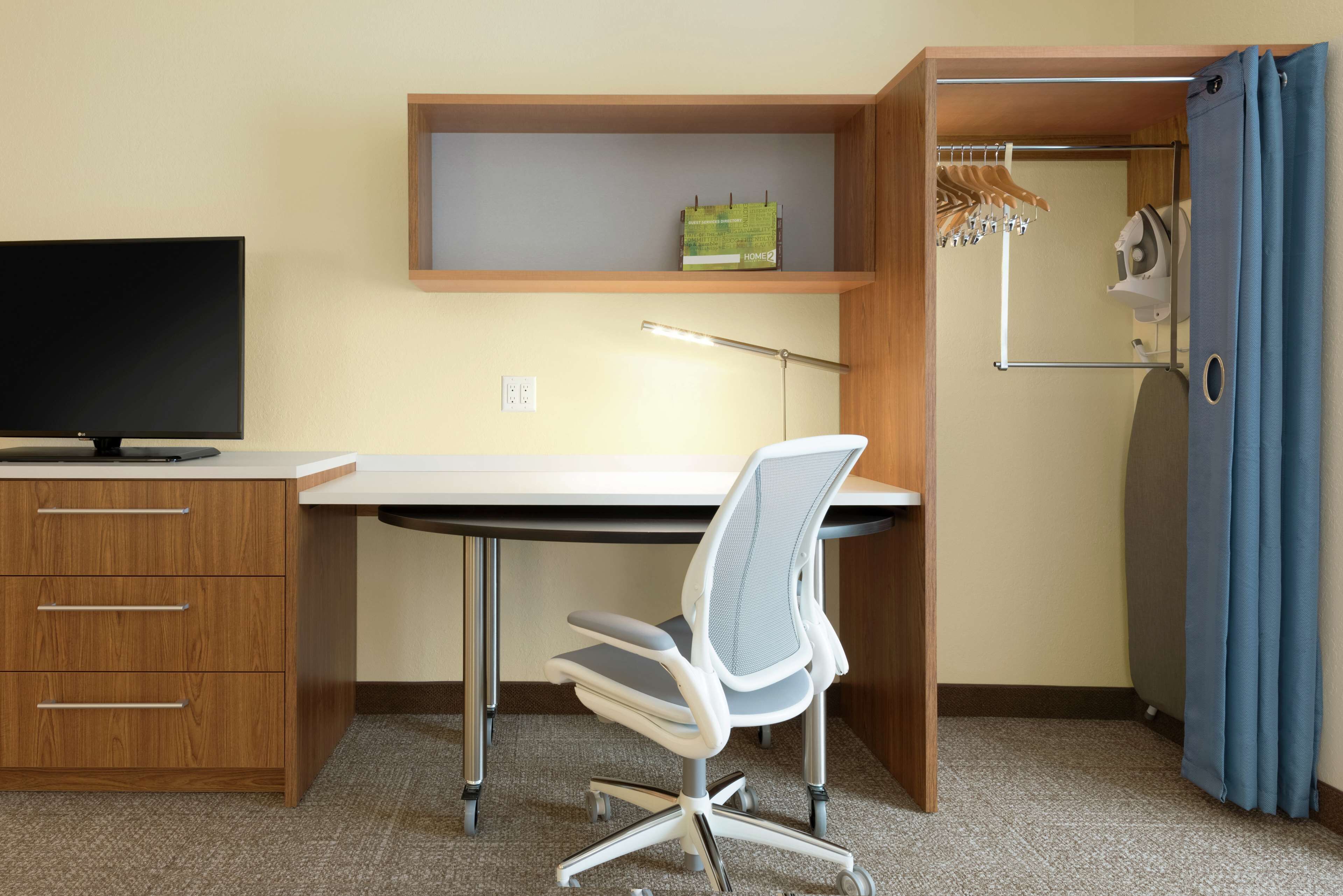 desk, laptop workspace, blackout curtains, soundproofing