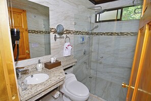 Shower, towels, soap, shampoo