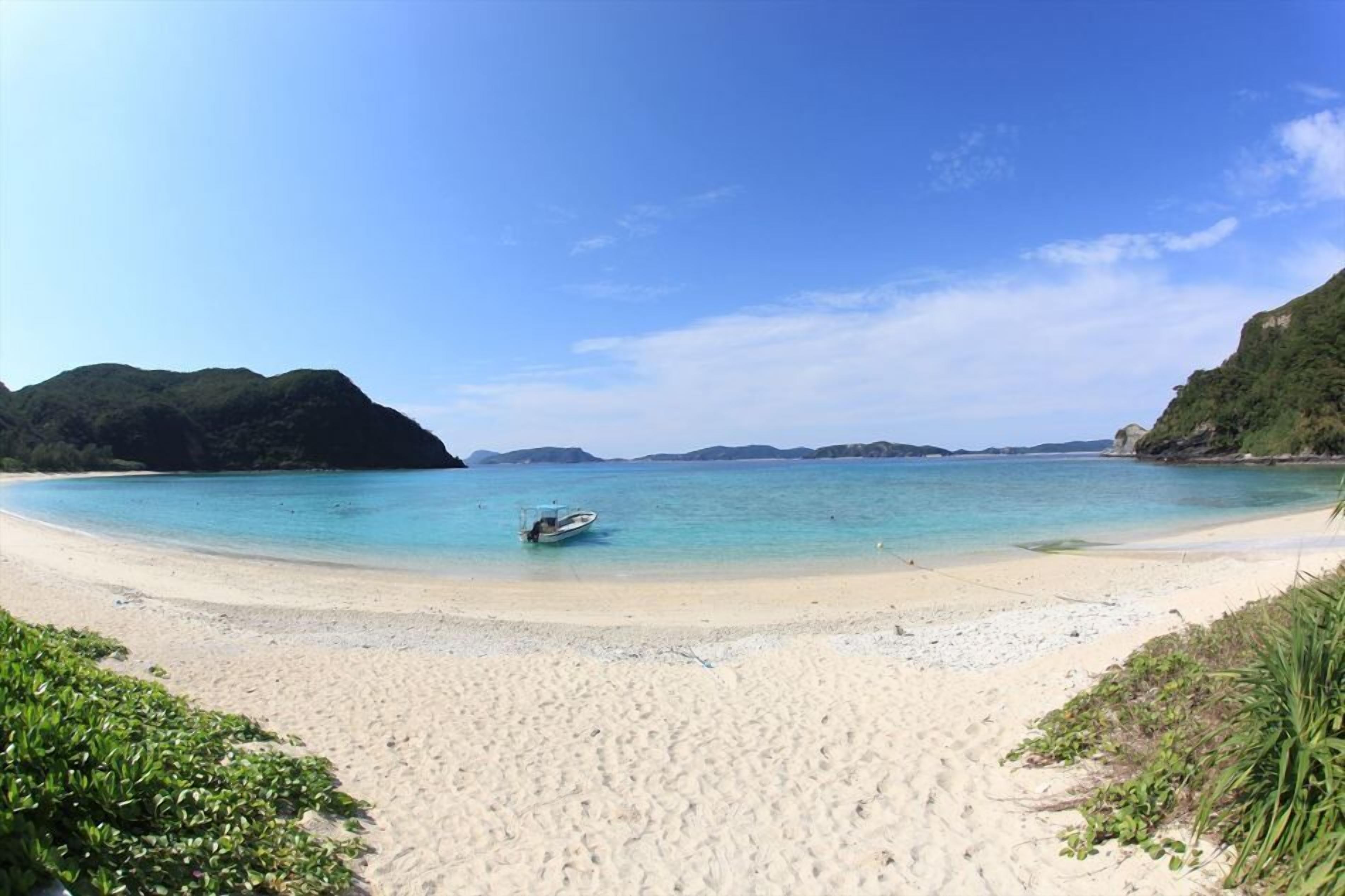 Uma praia arenosa com um barco na água, cercada por vegetação e colinas.
