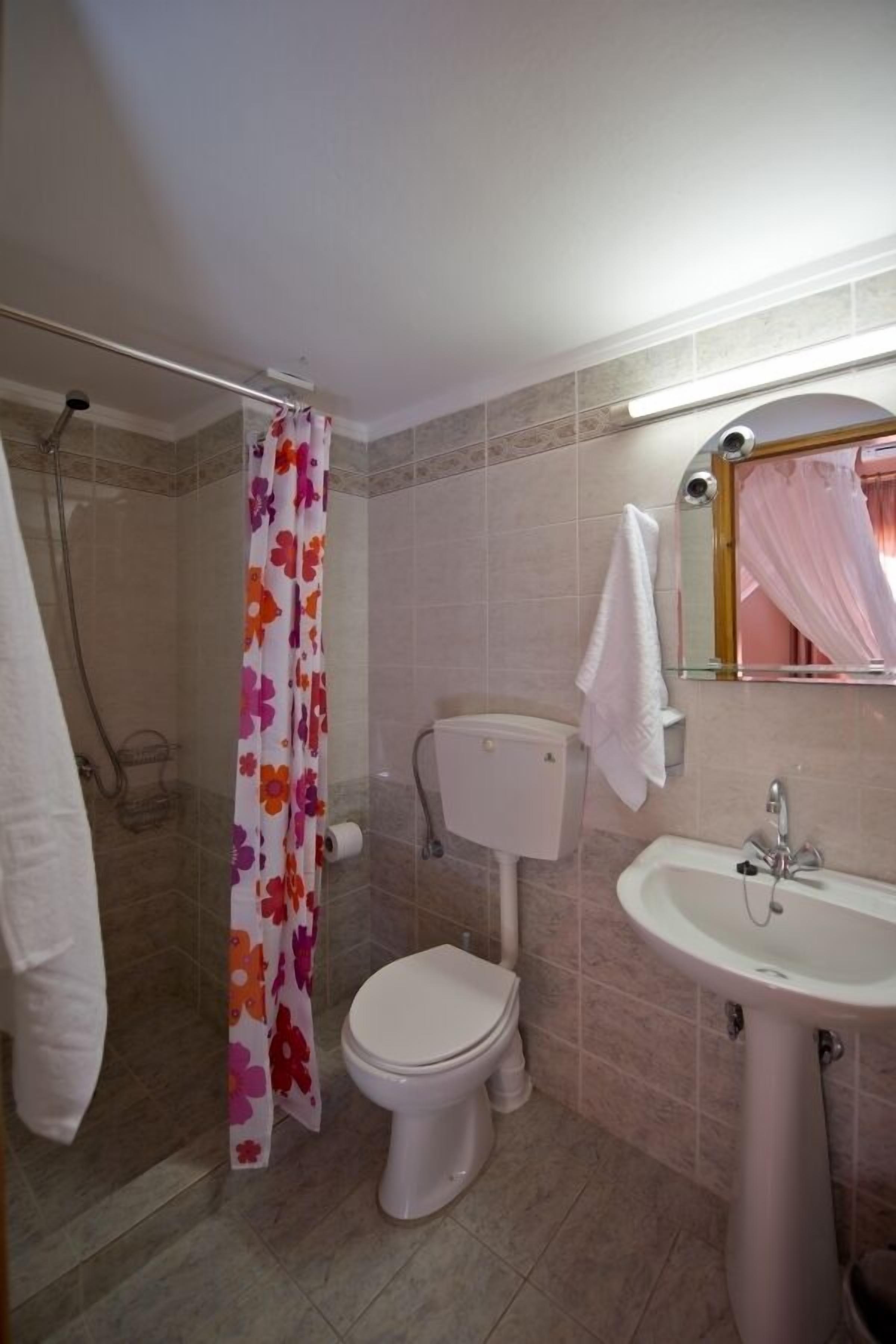 A bathroom with a shower, toilet, sink, and a mirror.