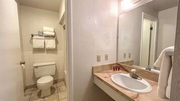 Une salle de bain équipée de toilettes, d’un lavabo, d’un miroir et d’un porte-serviettes.