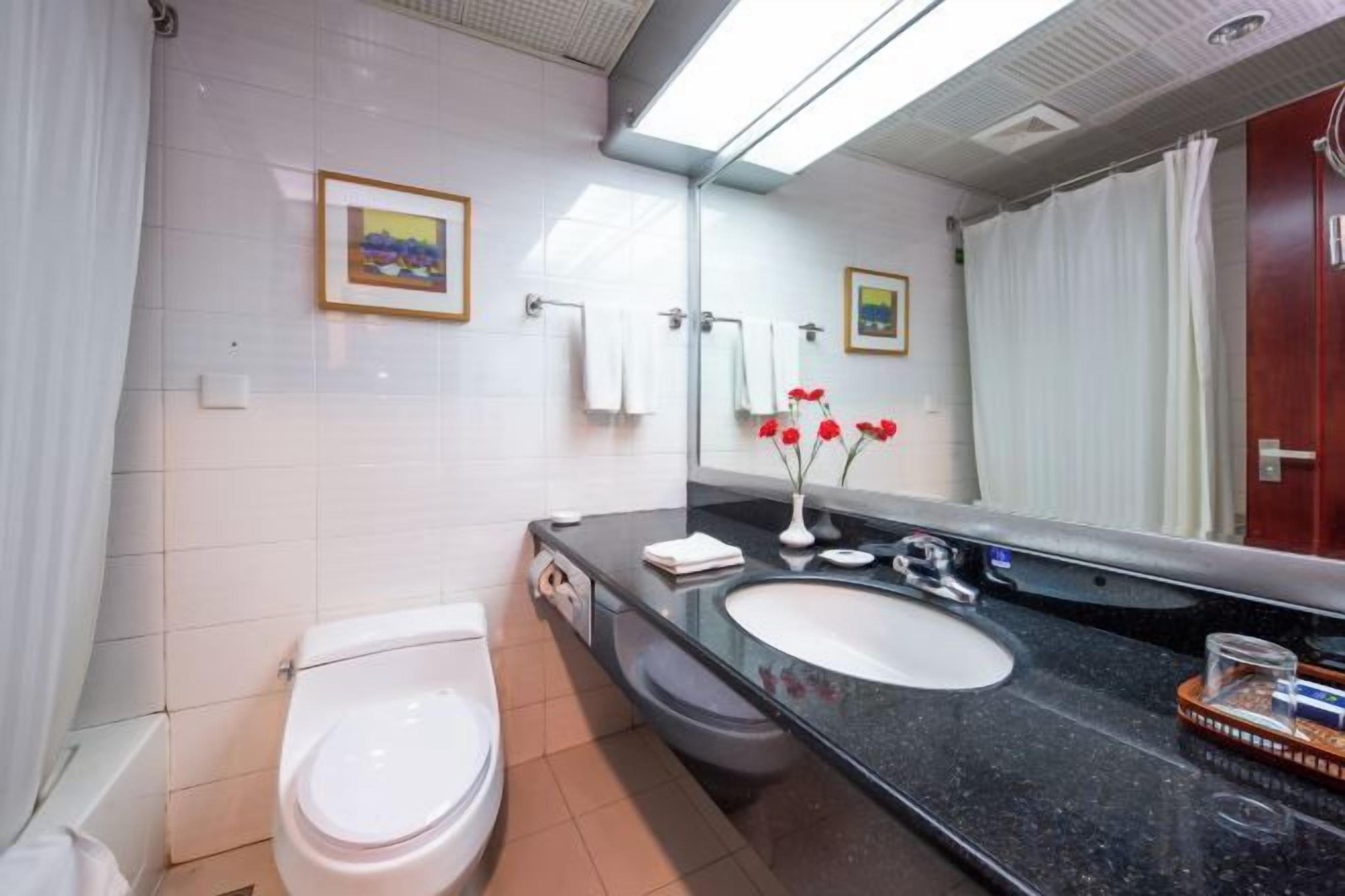 A bathroom with a toilet, sink, mirror, and a framed picture on the wall.