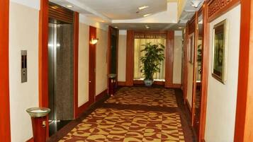 Un pasillo de hotel con alfombra estampada, puertas de madera y una planta en maceta.