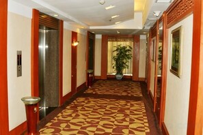 Un couloir d’hôtel avec un tapis à motifs, des portes en bois et une plante en pot.