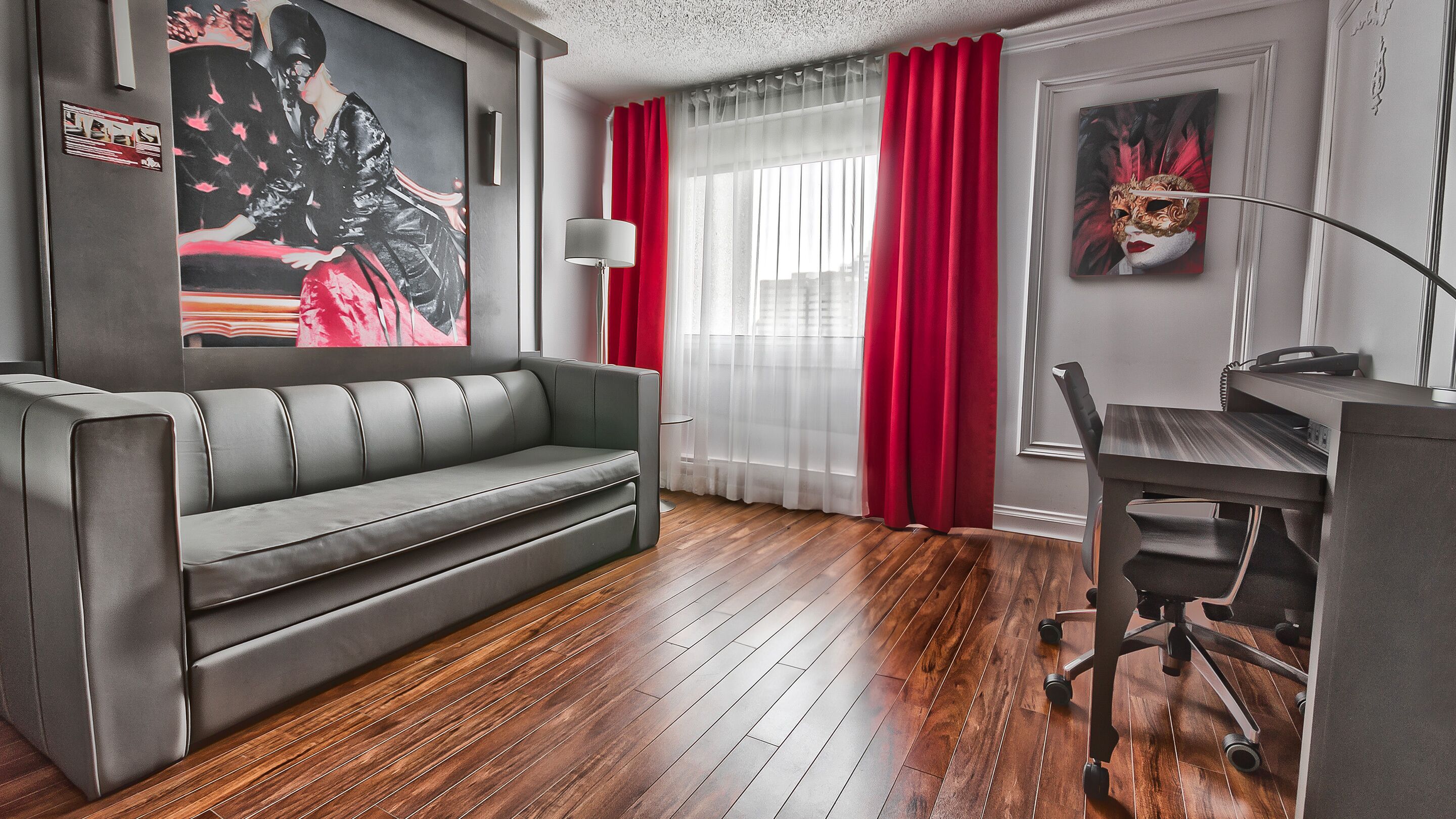 exterior view room, 1 queen bed and 1 queen murphy bed and fireplace | 1 bedroom, in-room safe, desk, blackout curtains