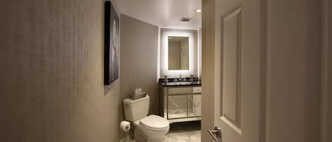 A modern bathroom with a toilet, sink, and mirror.