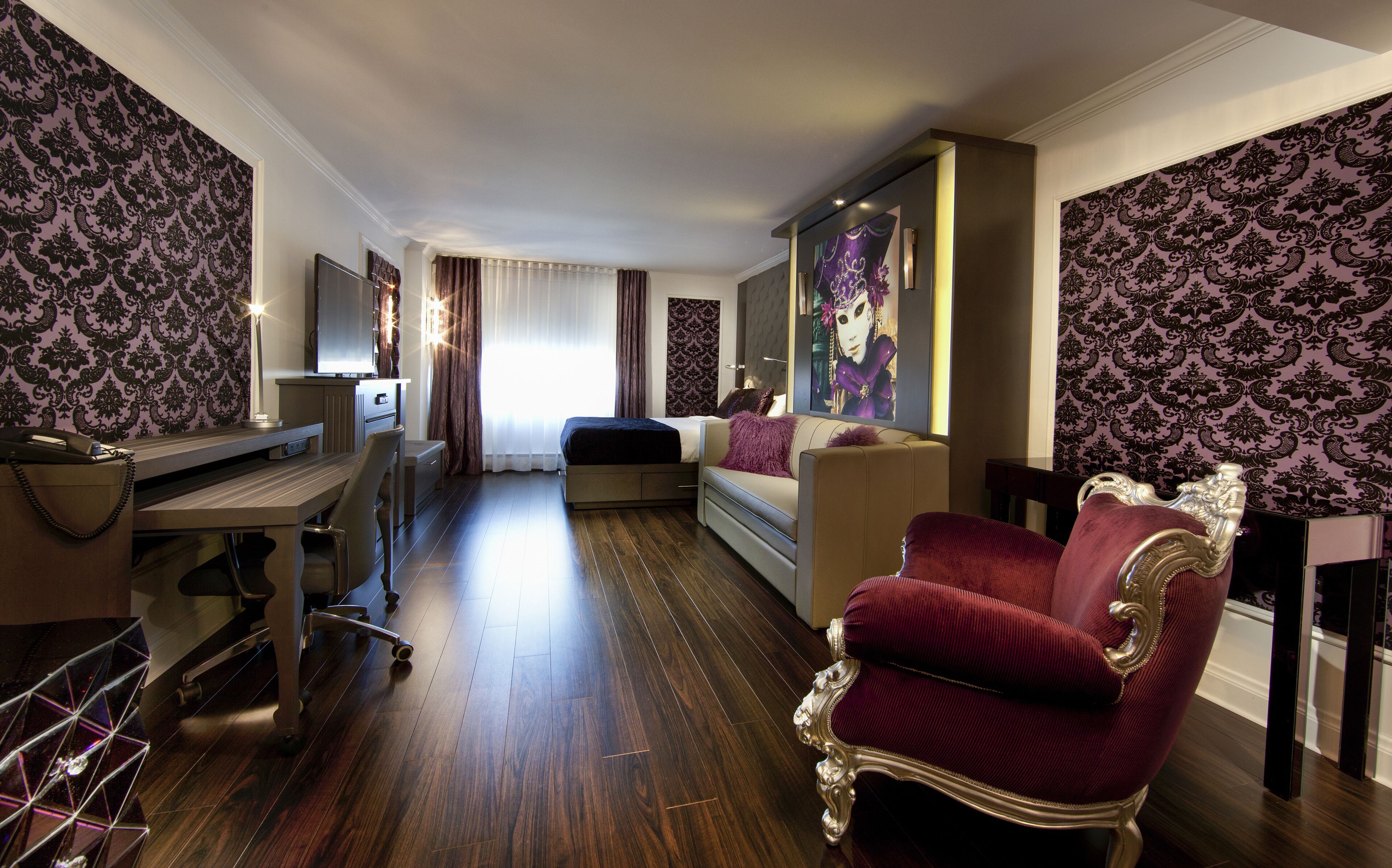 purple suite, 1 queen bed and 1 queen murphy bed | 1 bedroom, in-room safe, desk, blackout curtains