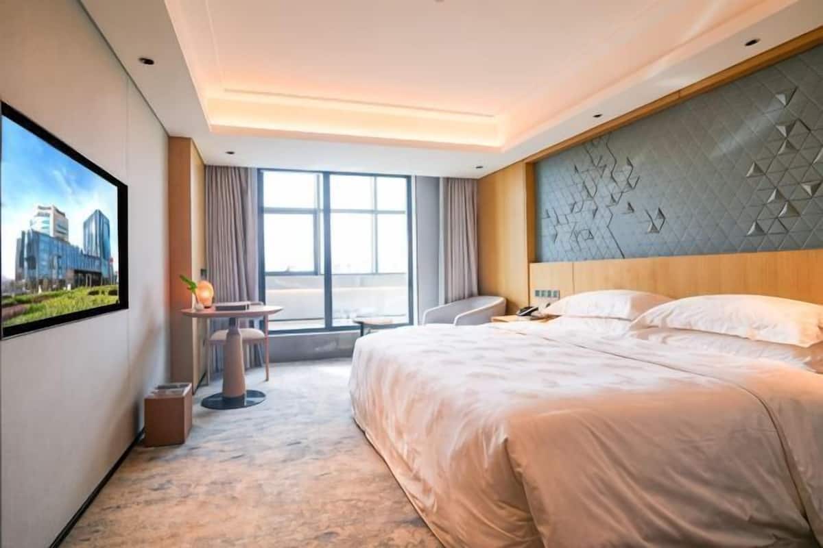 A hotel room with a large bed, a desk, a chair, a TV, and a view of a cityscape.