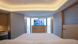 Camera d'albergo con un letto grande, una televisione, vista sulla città e un design del soffitto a volta.