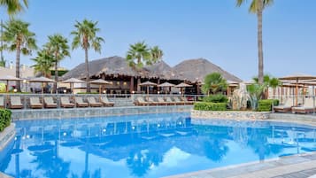 Indoor pool, outdoor pool, open 9:00 AM to 8:00 PM, pool loungers